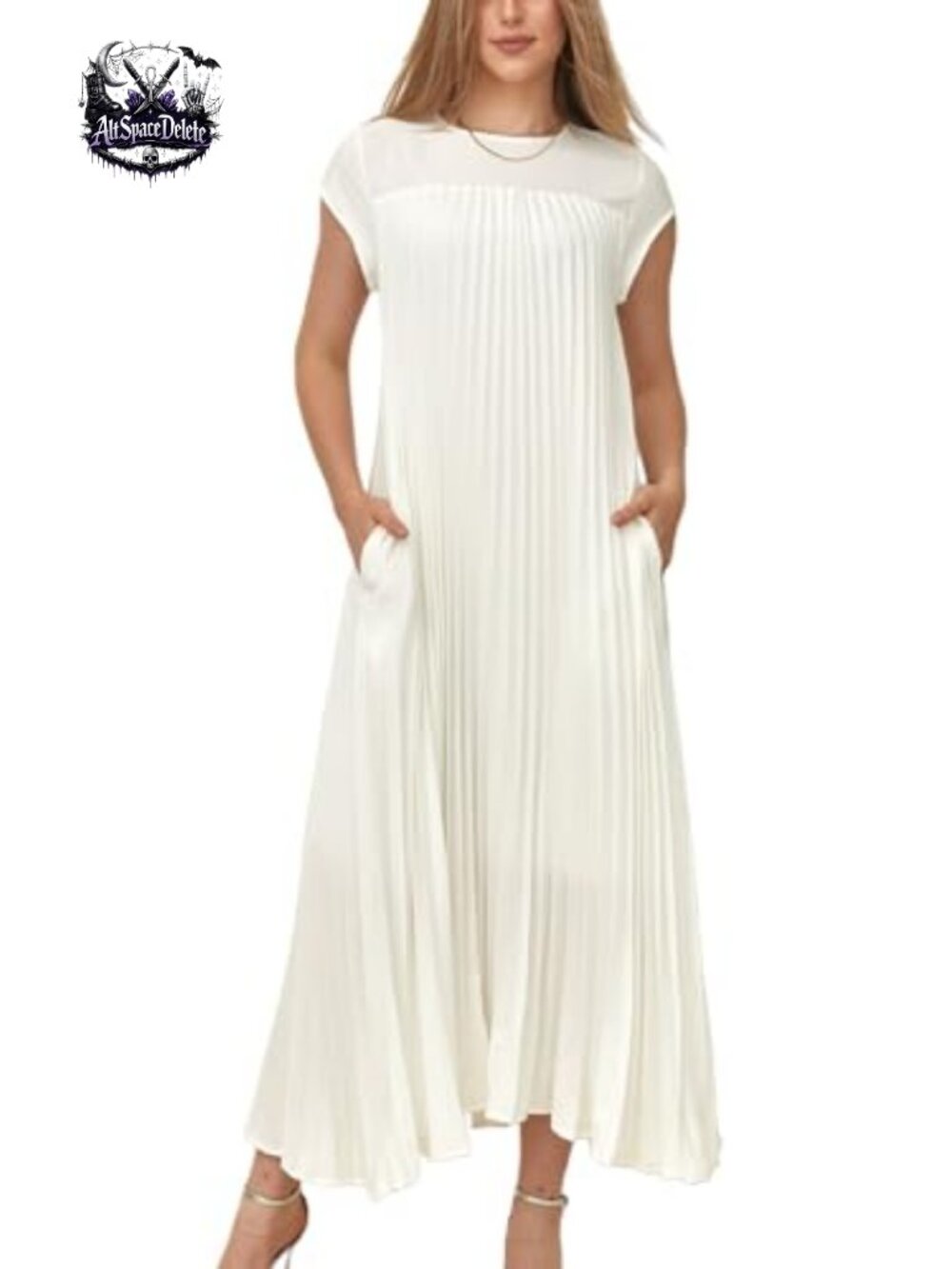 Pleated Maxi Dress Casual Short Sleeve A-Line Swing Long Dress with Pockets